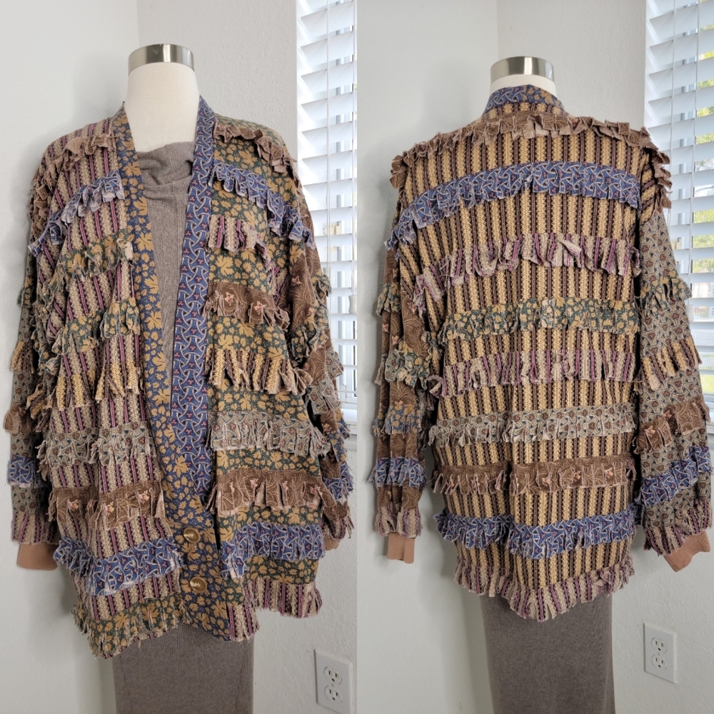 CHICO'S Boho Fringed Multi-Pattern Calico Jacket M.